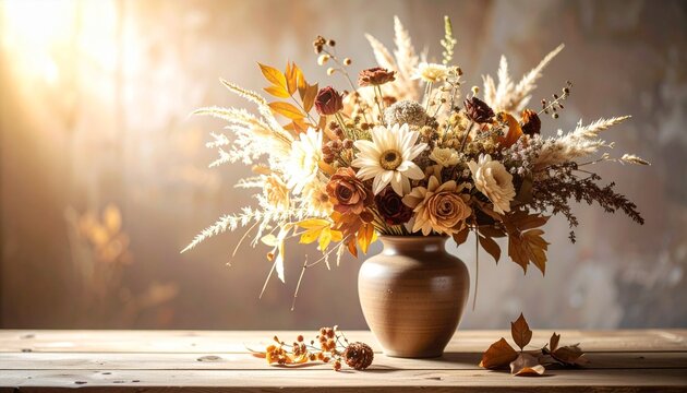 Ramo de flores y hojas secas en jarr&oacute;n r&uacute;stico, luz suave