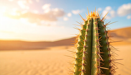 Naklejka premium Green cactus, sharp spines and ridges. Sandy desert and vivid sky in soft blur behind. Desert scene.
