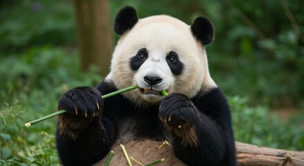 Fototapeta premium Giant Panda Eating Bamboo in a Lush Green Forest, A Majestic Wild Animal in its Natural Habitat