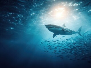 Fototapeta premium A majestic shark swims gracefully among a school of fish beneath the shimmering surface of the ocean. Sunlight filters through the water, creating a magical underwater environment.