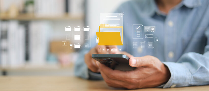 Privacy protection, secret secured lock, safety or security to archive file or document. Person holding lock document file folder with padlock.