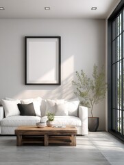 Bright Modern Living Room with White Sofa and Rustic Coffee Table