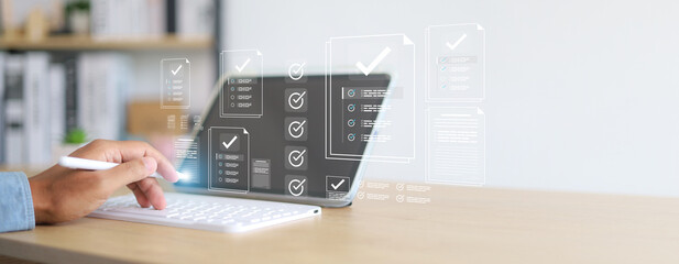 Businessman showing online document validation icon, quality assessment management With a checklist, business document evaluation process, market data report analysis and consulting.