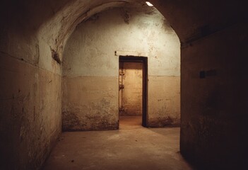 Dim, subterranean corridor with arched ceiling