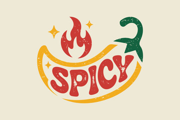 Obraz premium A retro spicy chili pepper logo design with groovy typography and a flame. A vintage emblem for hot food on a textured background.