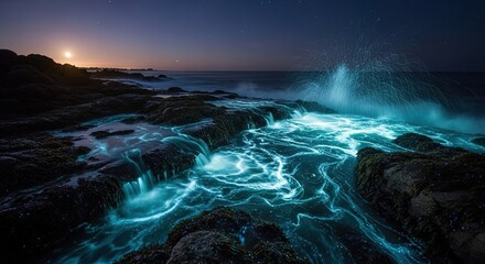 Stunning bioluminescent waves crashing against rocky shore under moonlit sky creating magical seascape