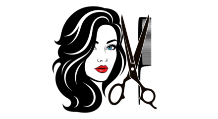 Stylized Woman with Dark Wavy Hair, Red Lips, Scissors, and Comb Vector Logo Illustration Isolated