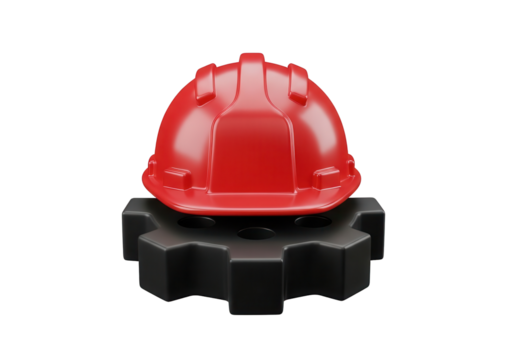 Red Safety Hard Hat resting on Black Gear Icon 3D Render