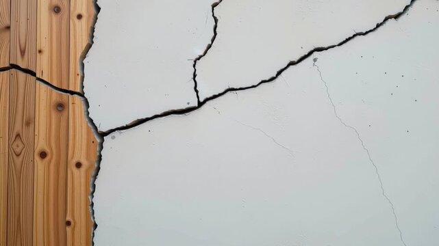 Cracked wall with wooden panel, damaged surface, structural problem, construction texture background, repair, split, closeup view, contrast between