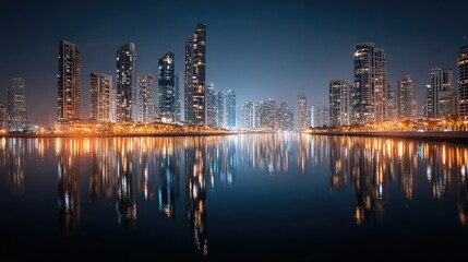 City skyline reflecting on water at night with illuminated buildings.