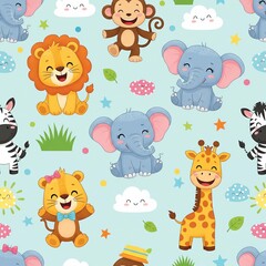 Fototapeta premium Cute Cartoon Animals Pattern for Kids' Decor
