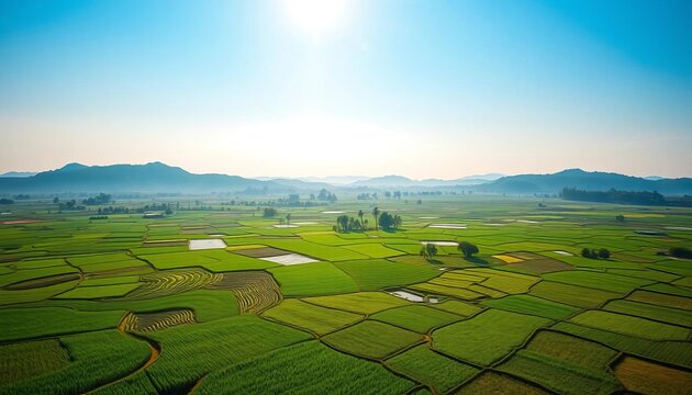 Vast emerald green rice paddies stretch across the Luang Prabang landscape, a patchwork of flooded fields under a clear sky,  lush,  vibrant