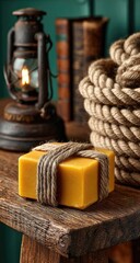 A block of yellow soap, wrapped in twine, sits on a wooden table, surrounded by a vintage lantern, books, and rope