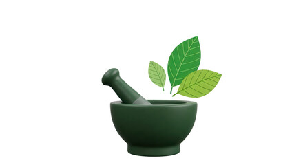 Dark Green Mortar and Pestle with Floating Fresh Green Leaves Isolated 3D Illustration