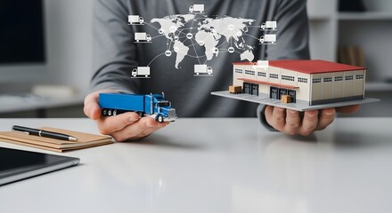 Businessman holding a miniature truck and warehouse, showcasing a digital global logistics network for supply chain management and distribution