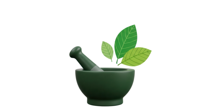 Dark Green Mortar and Pestle with Floating Fresh Green Leaves Isolated 3D Illustration