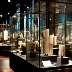 Museum displays with artifacts in glass cases