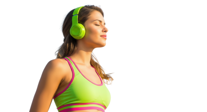 Young Fitness Woman Enjoying Music in Bright Neon Green Headphones Isolated on White