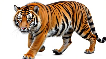 Tiger wild animal orange fur black stripe big cat predator walking isolated white background powerful majestic fierce alert expression, captivating