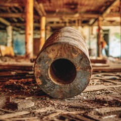 Aged wooden cylinder on debris-strewn floor of a dilapidated building