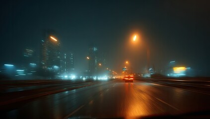 City highway at night, foggy and wet