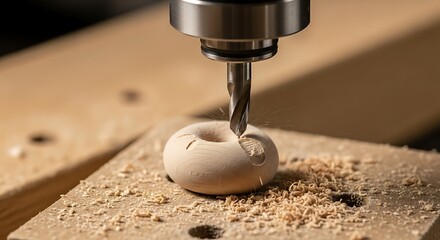 Precision CNC Milling Creating a Wooden Doughnut Shape in a Workshop with Wood Shavings and Automated Cutting Process for Woodworking Projects