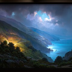 Coastal mountain road bathed in ethereal light