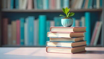 Stack of vintage books with a small plant on top against a blurred bookshelf