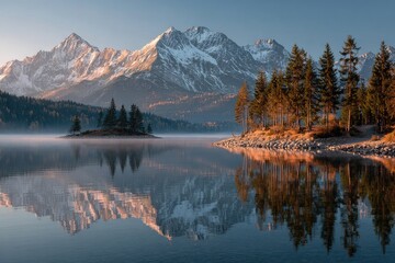 Serene mountain landscape reflected in calm lake waters.