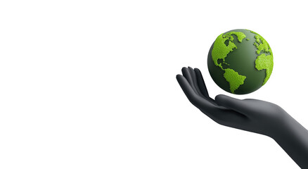 A hand holds a green Earth globe
