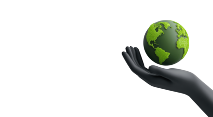 A hand holds a green Earth globe