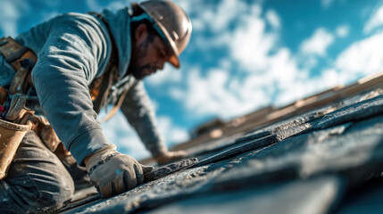 Skilled Construction Worker Installing Slate Roof Tiles Under Bright Sunny Sky