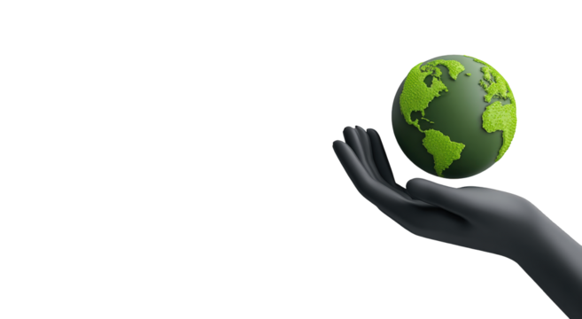 A hand holds a green Earth globe