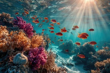 Naklejka premium Underwater scene with vibrant coral and schooling fish illuminated by sunlight.