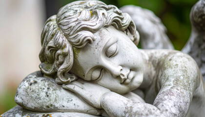 Gray stone sculpture of sleeping guardian angel. Antique texture visible. Minimalist religious