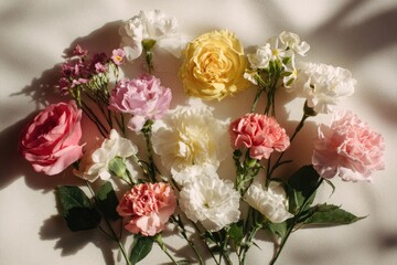 Obraz premium Colorful flowers arranged on a light surface with sun shadows