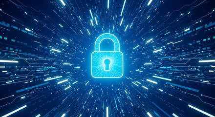 Cyber security concept with glowing padlock in digital space, representing data protection and online safety in the modern technological world