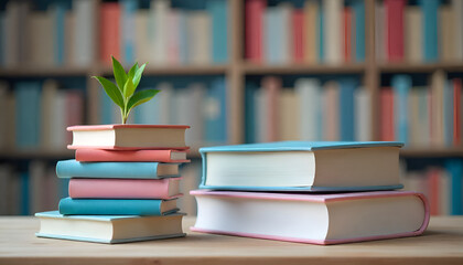 A stack of books with a small plant on top, with a blurred bookshelf in the background indoors