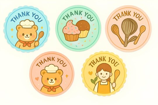 A cute bakery sticker template featuring a loaf of bread and croissant with soft pastel colors, round badge design, space in the center for text or logo, minimalist decorative elements like wheat and 