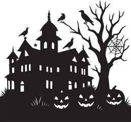 Spooky Halloween haunted house silhouette jack-o'-lanterns and crows