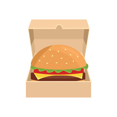 Takeaway burger. Delivery burger. Burger packaging. Cheeseburger. Fast food. Food packaging.