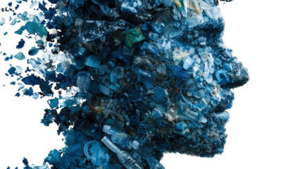 Profile view of a person's head, formed from pieces of blue plastic debris