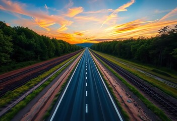 Sunset paints the sky over a wide race track bordered by lush green woods,  forest,  track