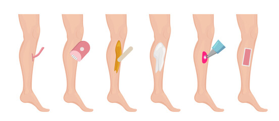 Different methods of hair removal showing legs and tools