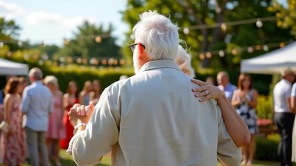 Elderly couple dancing outdoor garden party summer celebration, happiness and togetherness, joyful senior enjoying festive social gathering - Powered by Adobe