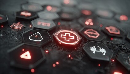 Close-up of glowing hexagonal interface. Medical symbol central