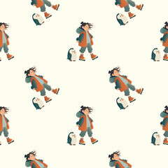 Roller Skating Girl Pattern on Yellow Background