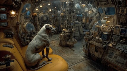 Un perro sentado en un trono de maquinaria compleja, observando con calma el entorno.