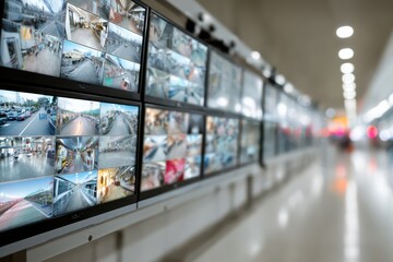A wall of security monitors displaying multiple camera feeds, showing various locations, creating a network surveillance system, security and monitoring concept.