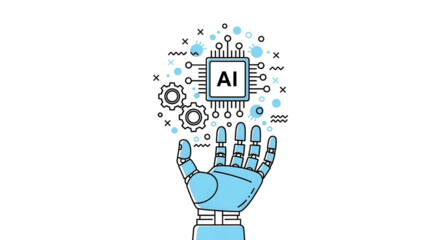 Blue Robotic Hand Holding AI Microchip Vector Illustration on White Background